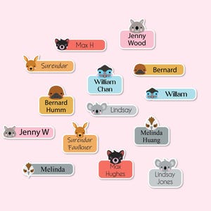 May include: A set of colourful name tags with animal illustrations. The tags feature names like Jenny Wood, Bernard Humm, William Chan, and Max Hughes.