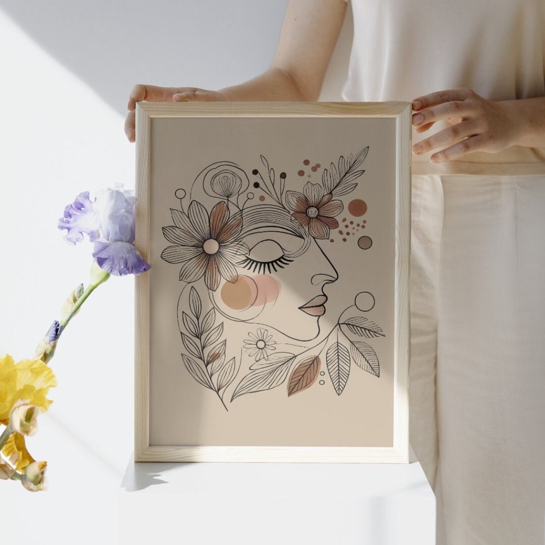 Boho Abstract Face Line Art Print | Floral Bohemian Wall Decor | Modern ...