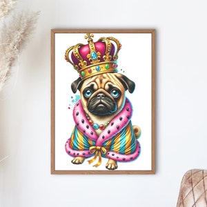 Regal Pug in Royal Attire | Regal Pug Majesty: A Playful Royal Portrait| AI-Generated Cartoon Art Print | Digital download wall art