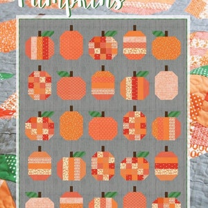 Op de afbeelding: Een quiltpatroon voor een quilt van 147,32 cm x 182,88 cm met een patchwork-ontwerp van pompoenen. Het patroon heet "Pumpkins" en is van Cluck Cluck Sew.