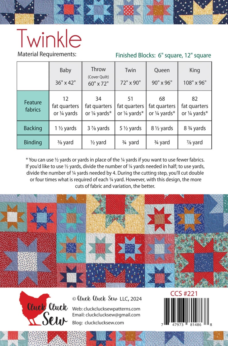 May include: A quilting pattern called "Twinkle" with a colorful patchwork design featuring red, blue, yellow, and green fabric squares. The pattern includes instructions for making a baby, throw, twin, queen, or king-sized quilt. The pattern is available from Cluck Cluck Sew.