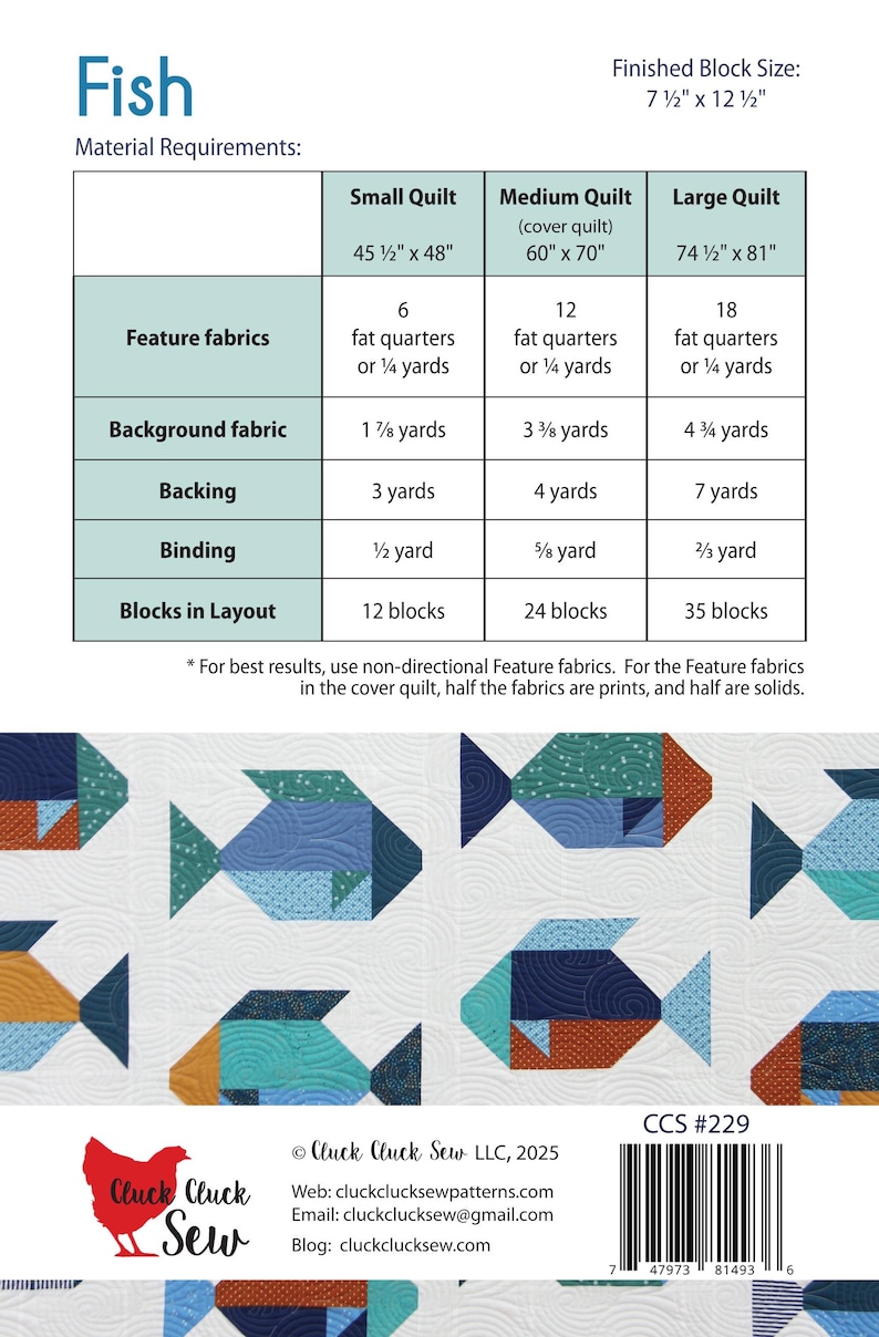 May include: A quilt pattern titled "Fish" with material requirements for small, medium, and large quilts. The pattern includes measurements in inches and yardage for feature fabrics, background fabric, backing, and binding. The finished block size is 7.5" x 12.5".