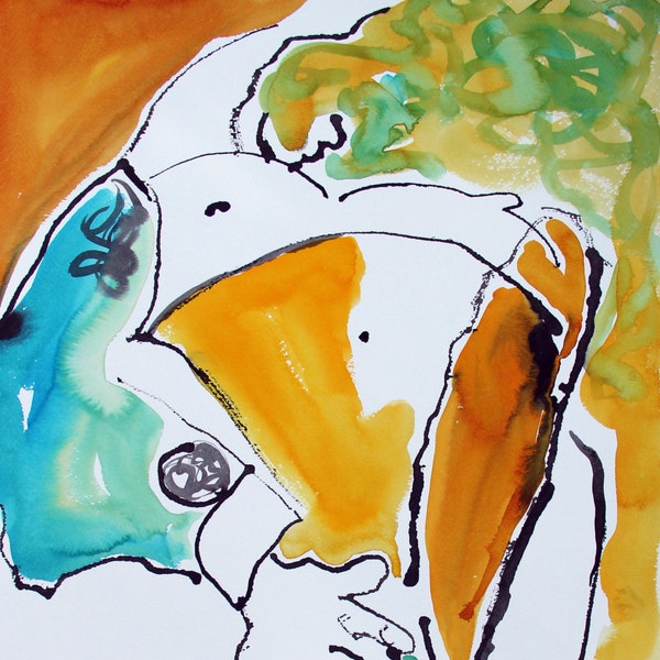 Peaceful woman - Original Abstract India Ink and Watercolor Painting 18" x 24" Intuitive, life drawing sketch