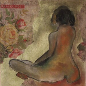 May include: A nude figure sits with legs crossed, facing away from the viewer. The figure is painted in shades of brown, pink, and green. The background is a collage of floral patterns and text, including the words "Parcel Post".