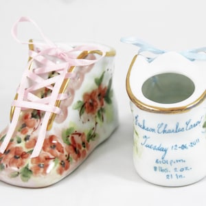 Your Baby&#39;s First Shoe - Custom Porcelain Baby Shoe - 100% Hand Painted - Ceramic Newborn Baby Bootie Keepsake - Baby Announcement- Engraved