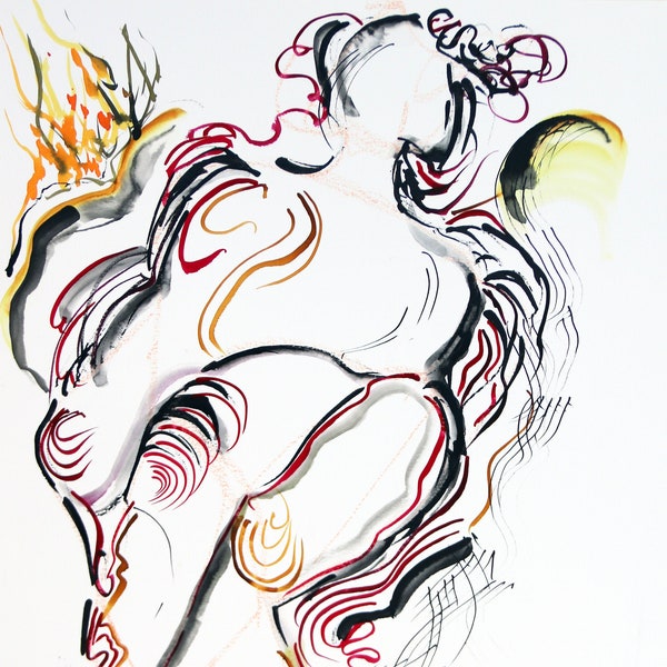 Fireworks- Original Ink and Watercolor 18" x 24" Contemporary, intuitive, life drawing