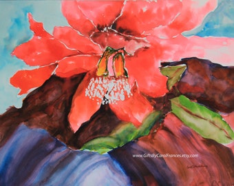 Maui Volcano Watercolor Print - Set of 8 Notecards - 5x7 -  from original watercolor painting. Hibiscus