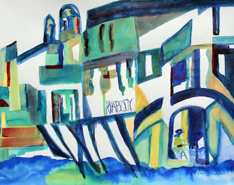 Seaside Tavern - Set of 8 Notecards - 5x7 -  from original watercolor painting.  Mykonos Greece, Rhapsody bar