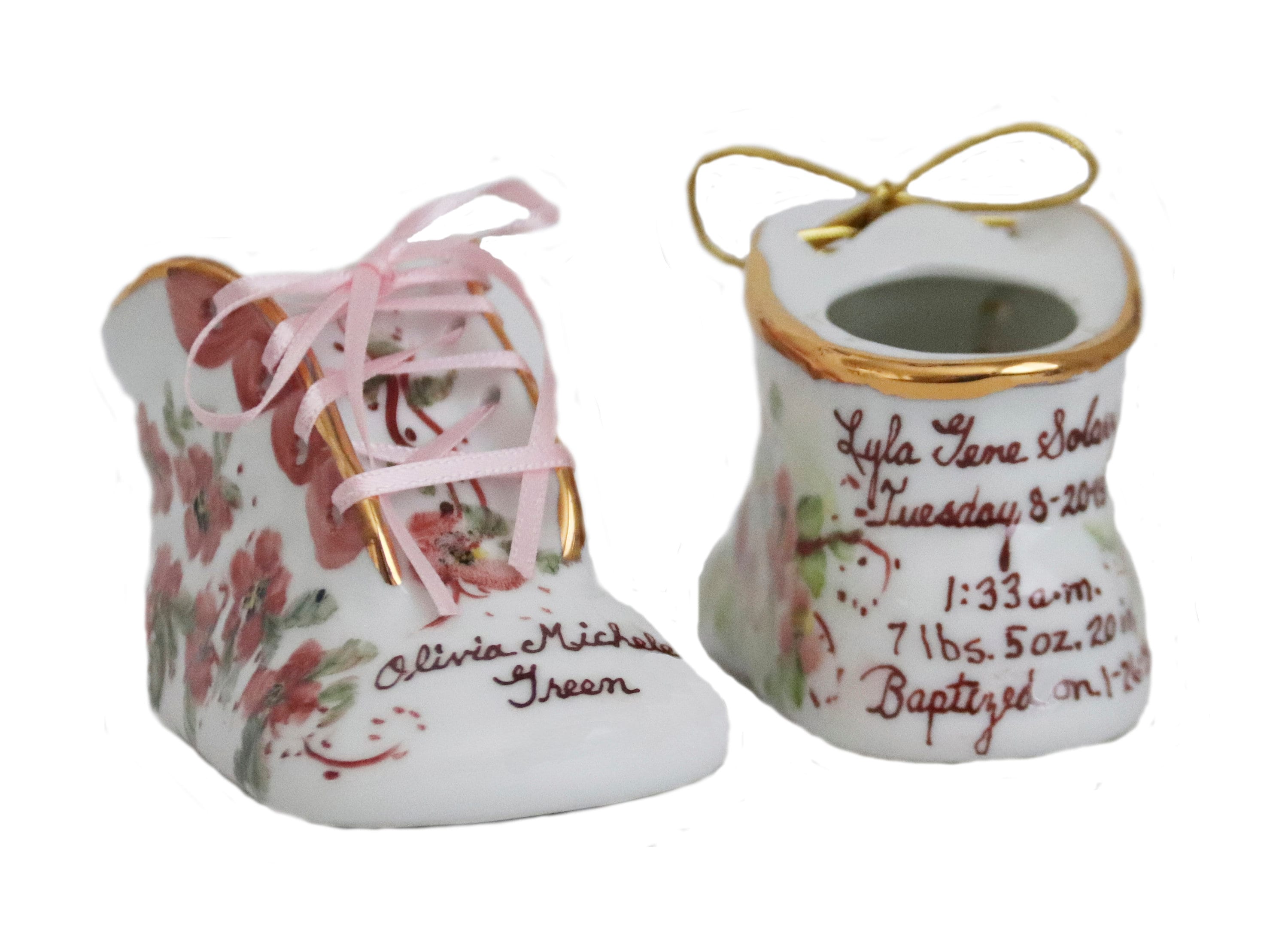 Porcelain Baby Shoe Personalized Baby Girl Bootie 100 Hand Painted Ceramic Baby Booty Keepsake Custom Engraved
