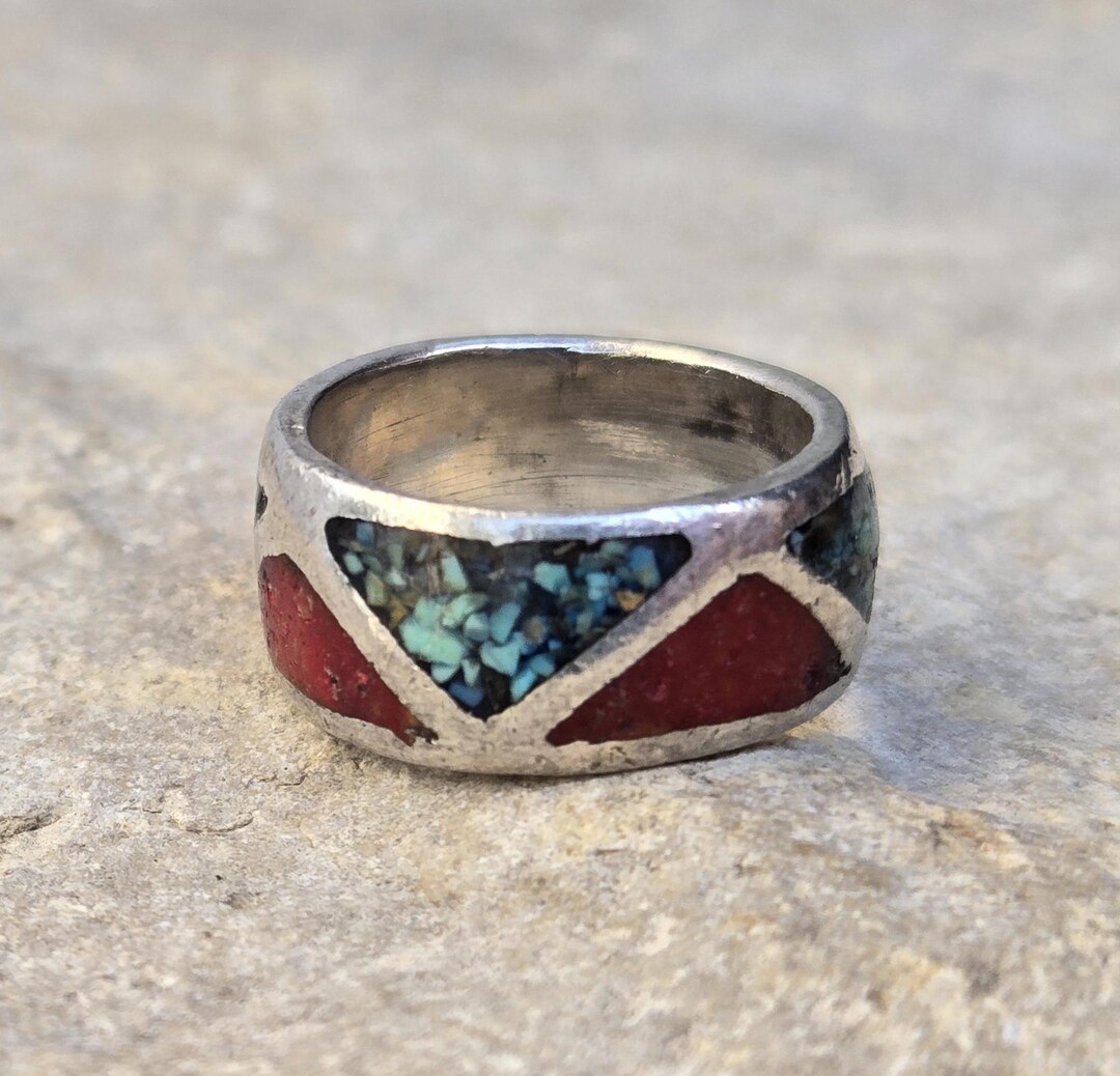 Vintage Navajo Turquoise & Coral Inlay Sterling Silver Pinky Ring Size ...