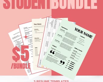 Puede incluir: Un paquete de plantillas de currículum vitae con una guía y un rastreador de aplicaciones. La imagen presenta el texto "STUDENT BUNDLE" en letras rosas grandes. El paquete incluye plantillas de currículum vitae, guía de carta de presentación y rastreador de aplicaciones.