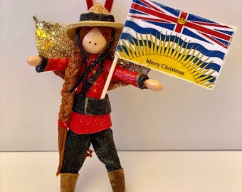 Canada British Columbia Mountie Fairy Canadian, British Columbian Ornament, Handmade, Canadian Flag Maple Leaf Royal Union Flag Xmas Fairy