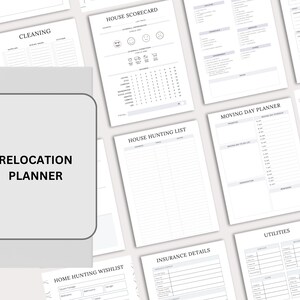 Könnte beinhalten: Ein druckbarer Umzugsplaner mit Checklisten und Formularen für den Umzugstag, die Wohnungssuche, die Reinigung, die Versorgungsunternehmen, Versicherungsdetails und eine Haus-Bewertungskarte.