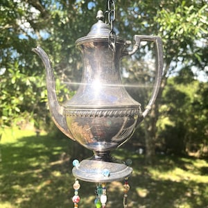 Antique Silver Plated Tea Pot Wind Chime With Silverware Chimes,