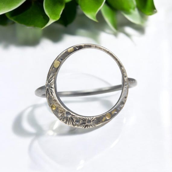 Mahina Crescent Moon Ring, Silver Ring with 18k Yellow Accents, Dainty Silver Celestial Ring