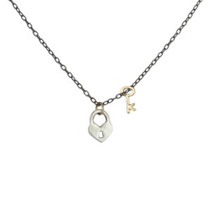Heart Silver Locket with Tiny 14k gold Key Necklace, tiny lock necklace with key charm