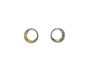 Tiny New Moon Studs, silver & 18k