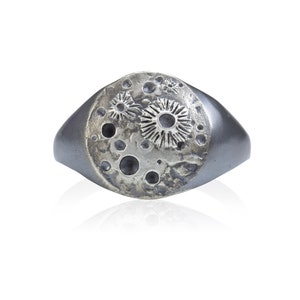 Full Moon Signet Ring, Silver Celestial Nature Ring, Black Statement Ring with lunar texture and craters of the moon