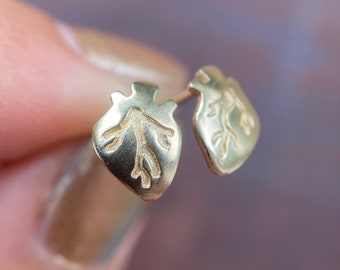 May include: A pair of gold-toned heart-shaped earrings with a detailed anatomical design. The earrings are small and delicate, perfect for adding a touch of style to any outfit.