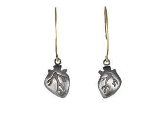 Hanging Anatomical Heart Earrings sterling silver and 14k yellow gold