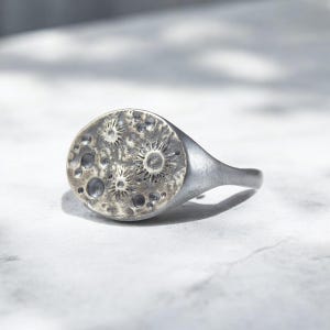 Oval Moon Signet Ring, Silver Celestial Nature Ring, Black Statement Ring with Lunar Texture and Craters of the Moon
