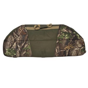 May include: A soft-sided bow case featuring a central olive green panel flanked by two sections with a detailed forest camouflage pattern. The case includes a tan horizontal webbing strap across the top center and a pair of integrated carry handles.