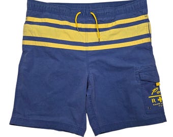 Calção de banho vintage Polo Ralph Lauren masculino tamanho G, listrado em azul e amarelo, modelo cargo RL NYC.