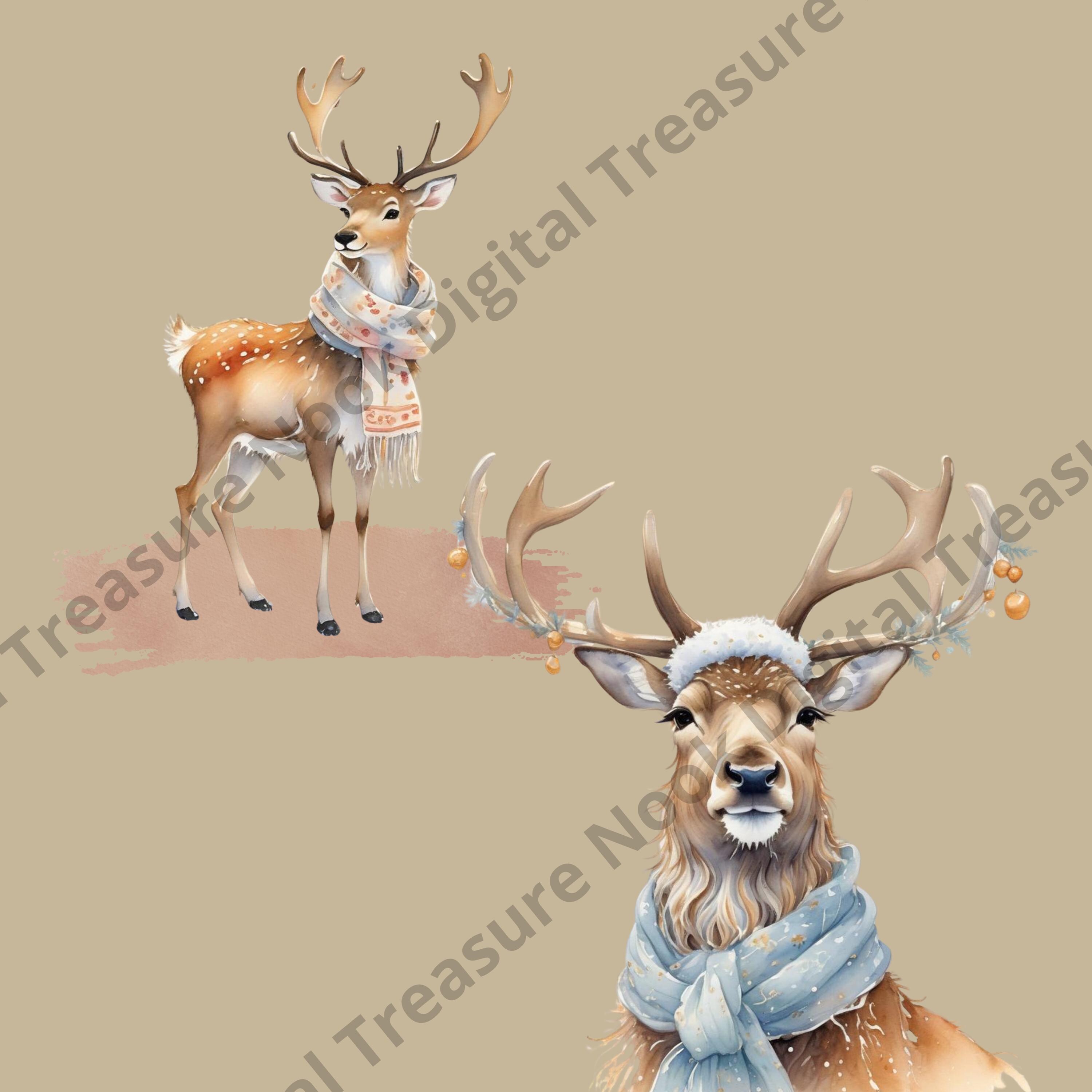 12 Cute Reindeer PNG Clipart Set, Christmas Deer, Watercolor Santa ...