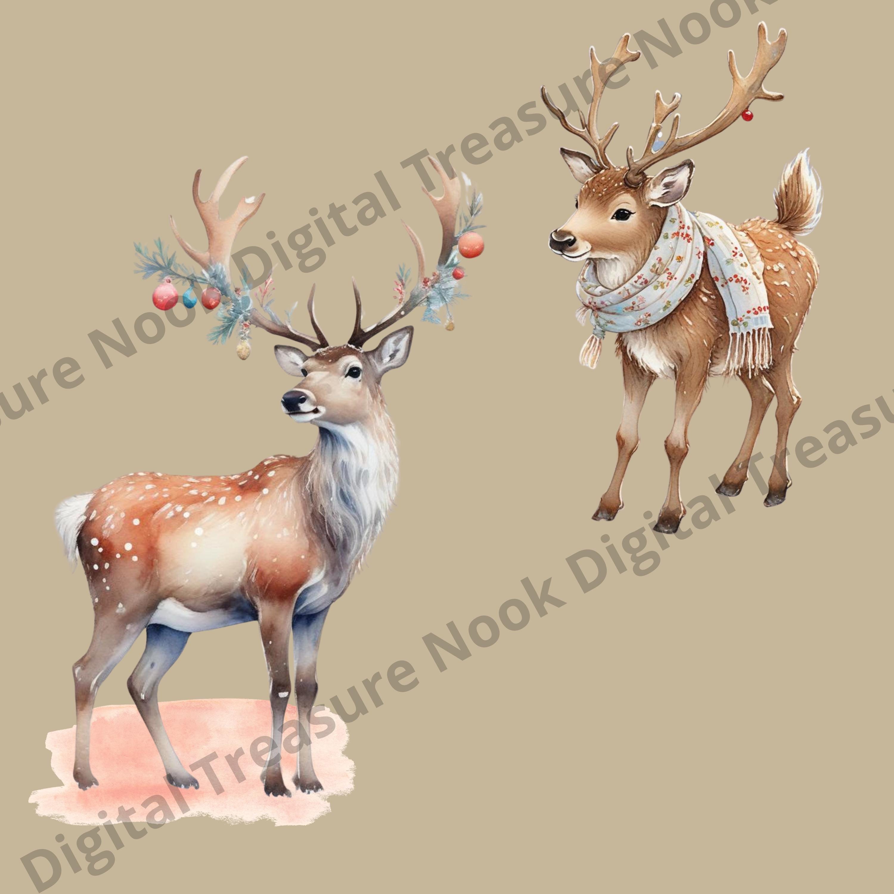 12 Cute Reindeer PNG Clipart Set, Christmas Deer, Watercolor Santa ...