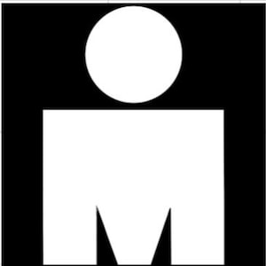 May include: The Ironman logo, a white silhouette of a person with a circle for a head and a stylized "M" for a torso, against a black background.