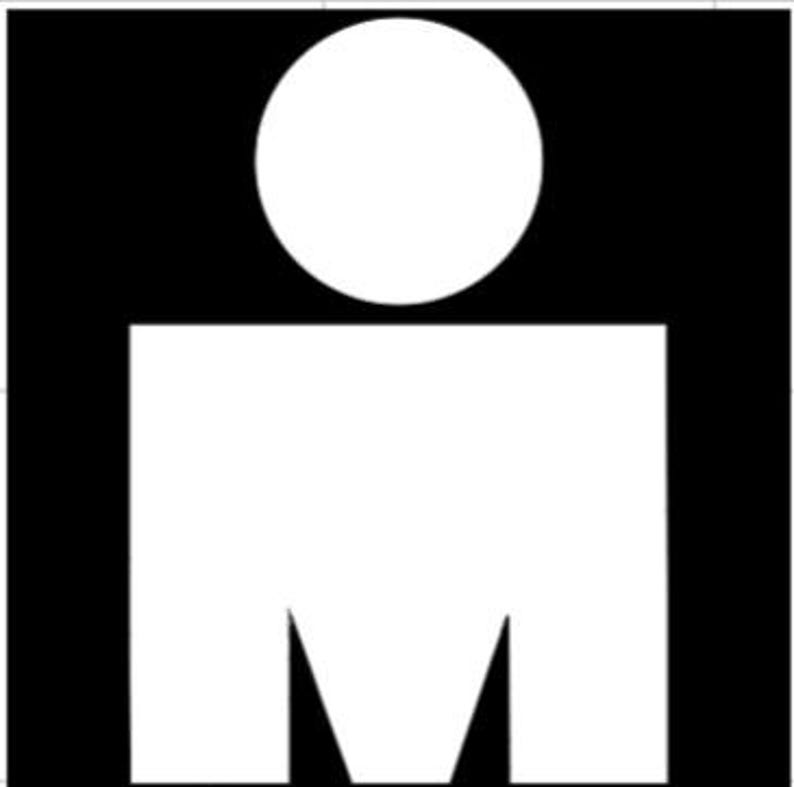 May include: The Ironman logo, a white silhouette of a person with a circle for a head and a stylized "M" for a torso, against a black background.