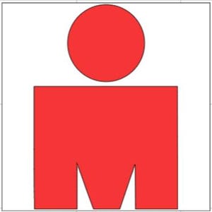 May include: The Ironman logo is red with a stylized figure of a person. The figure has a large red circle for a head and a red body with a stylized 'M' shape.