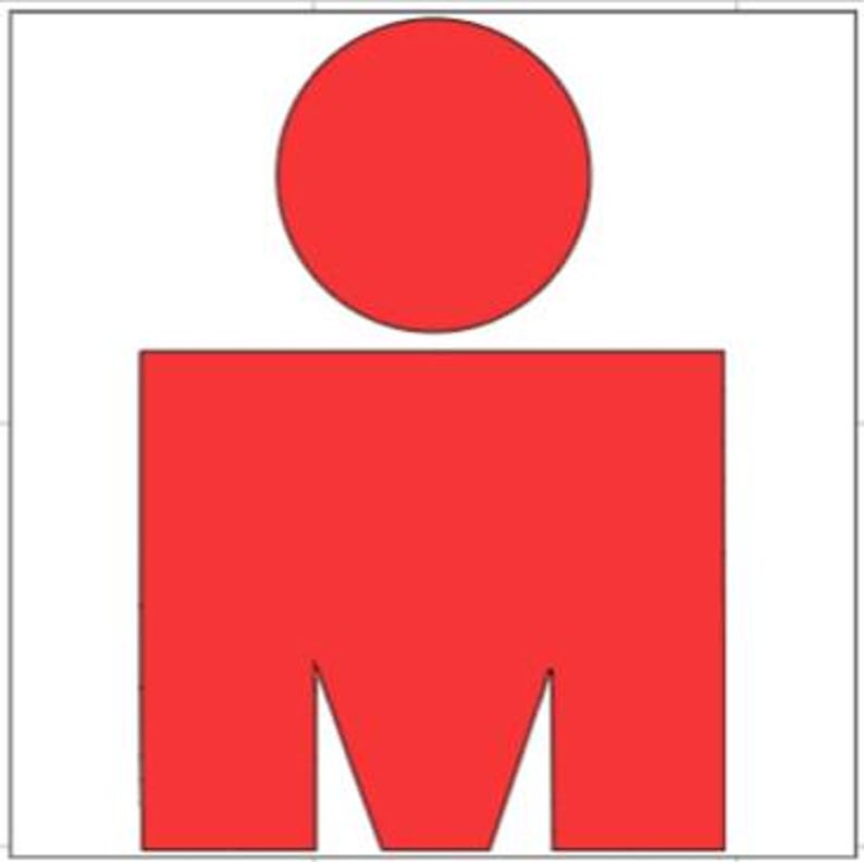 May include: The Ironman logo is red with a stylized figure of a person. The figure has a large red circle for a head and a red body with a stylized 'M' shape.