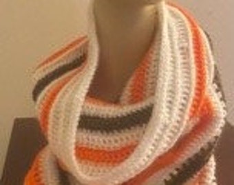 Hooded Shawl Hand Crochet, brown/orange/white BROWNS