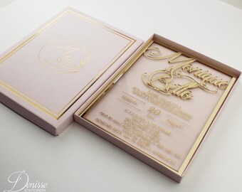 Pink Acrylic Wedding Invitation: Laser Cut Gold Mirror Names