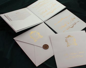 Custom White Hardcover Wedding Invitation: Gold Foil & Acrylic Initials