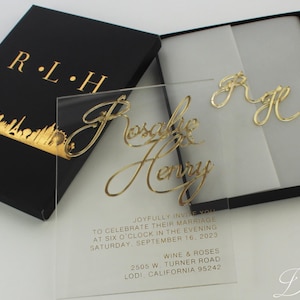 Invitación de boda con lámina de oro real, tarjeta de invitación de boda moderna enmarcada, invitación de boda de lujo personalizada laminada en plexiglás transparente