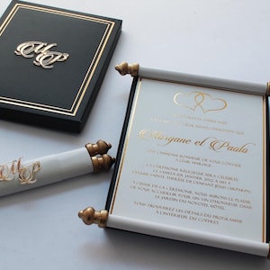 Invitación de boda con pergamino exclusivo, elegante invitación de despedida de soltera con pergamino, tarjetas de invitación de boda con pergamino, invitaciones de compromiso, invitación a fiesta