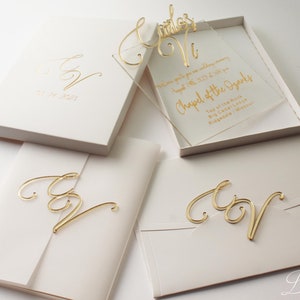 Acrylic Gold Mirror Invitation with White Box and Envelope, Gold Foil Framed Modern Wedding Invitation Card, Custom Luxury Wedding Invitate