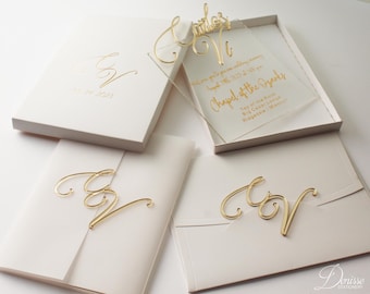 Acrylic Gold Foil Wedding Invitation: Modern Framed Card with Box