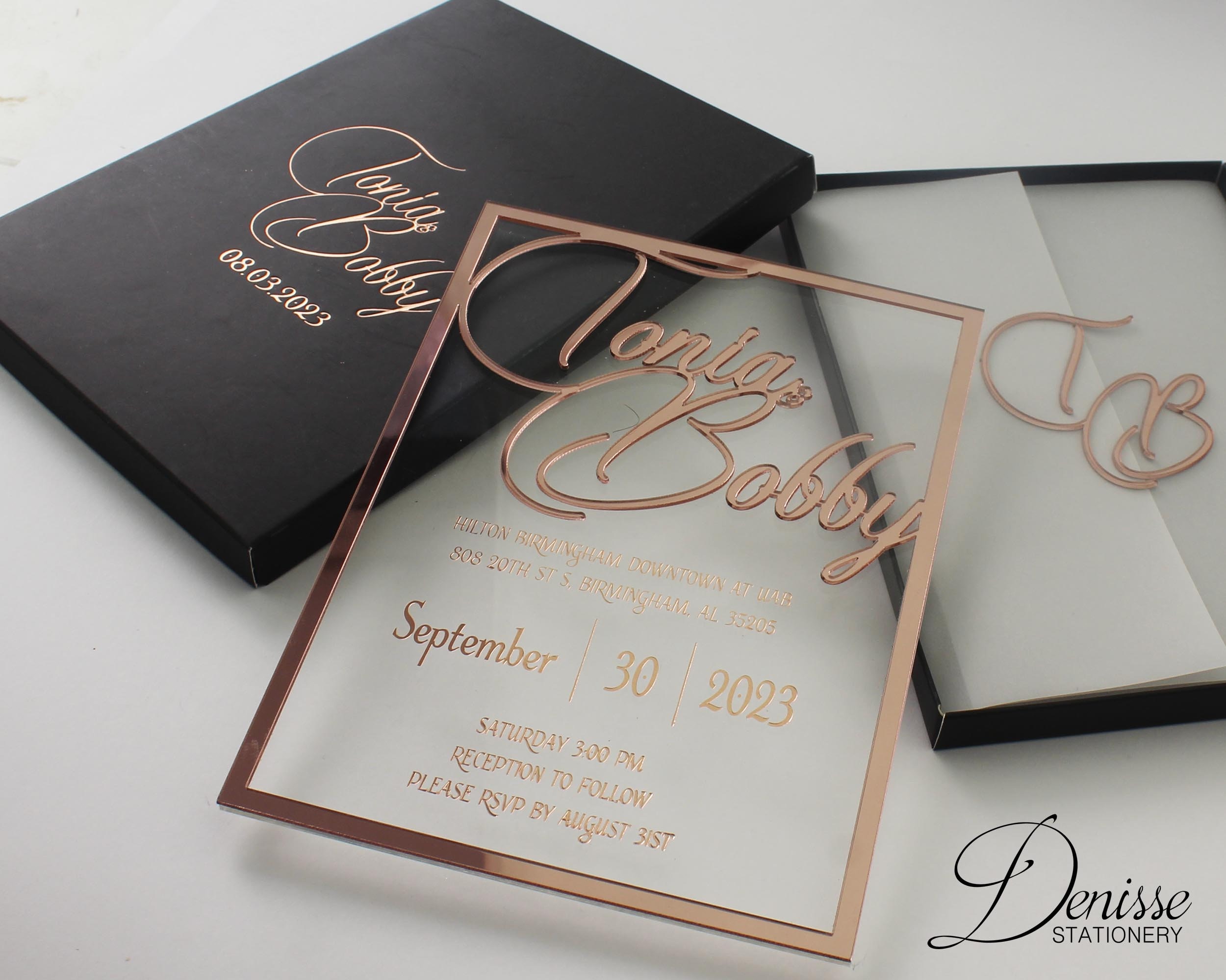Rose Gold Foil Acrylic Wedding Invitation: Black Box & Envelope