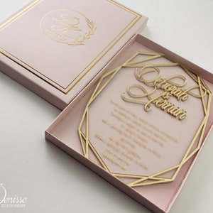 Letterpress Hochzeitseinladungen, Luxus, Goldrahmen Acryl Hochzeitseinladungen, Gold Geometrische Border Brautduschen und Geburtstag lädt ein