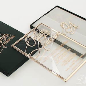 The Frame'd Mirror Collection on Gold Mirror Acrylic, Custom Acrylic Wedding Invitation Suite with Vellum Fold, Luxury Gold Foil Invitations