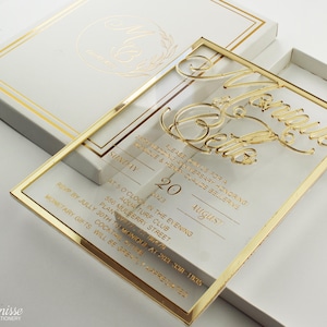 Invitación de boda elegante, invitación de boda en blanco y rosa, invitación de boda de lujo cortada con láser, invitación dorada, tarjeta de boda con marco dorado