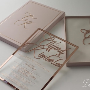 Acryl Luxus Rose Goldfolie Hochzeitseinladung, klare transparente Einladungskarte, Rose Gold Einladung, personalisierte Rose Goldrahmen Hochzeit