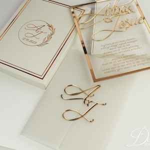 Suite de faire-part de luxe, Faire-part de mariage en acrylique, Faire-parts transparents, Faire-part personnalisé, Faire-part, Faire-part de mariage doré élégant