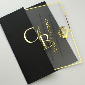 Gold Foil Acrylic Wedding Invitation: Mirrored Monogram, Black Envelope