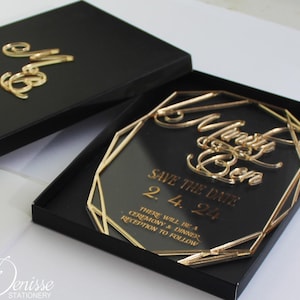 Cartes "Retenez cette date" en feuille d'or et miroir en plexi, "Retenez cette date" pour mariage, carte "Retenez cette date" de luxe avec enveloppes noires et boîte