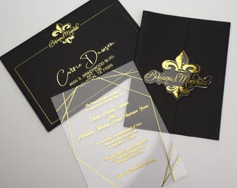 Invitación de boda de acrílico con espejo dorado de lujo: Diseño elegante con estampado en caliente