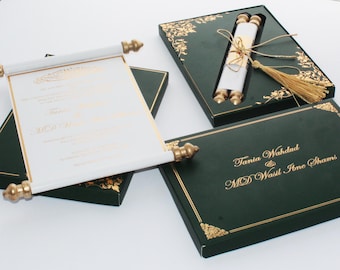 Unique Scroll Wedding Invitation: Gold Foil, Acrylic Card